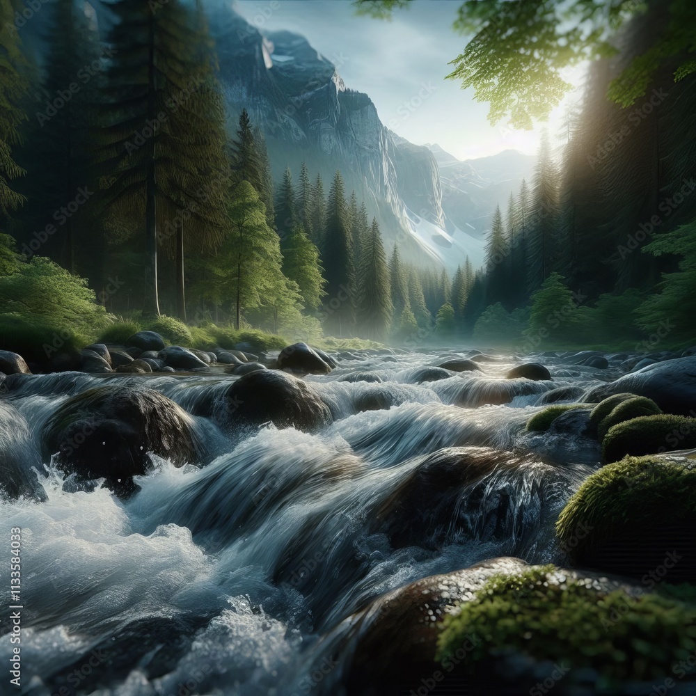 Poster a picturesque river flowing through a dense forest with snow-capped mountains in the background. the