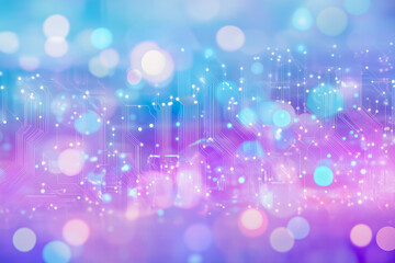 Abstract technology background with glowing circuit patterns, neon lights, and pastel tones in purple and blue hues.
