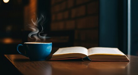 A cozy coffee shop corner with a steaming cup of coffee and an open book