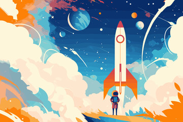 Fototapeta premium Man is standing in front of a rocket