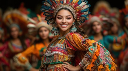 Fototapeta premium Smiling woman in vibrant, feathered headdress.
