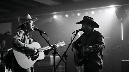 Obraz premium Country music performers singing on stage with guitars in a black and white setting