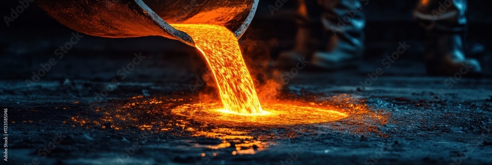 Poster molten metal flows from a crucible into molds, creating sparks and flames in a bustling industrial h