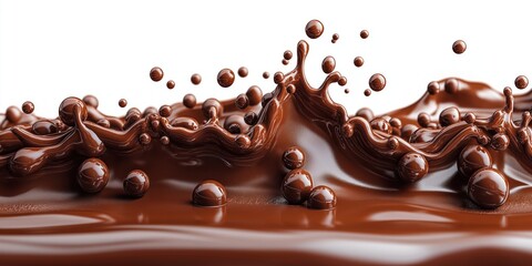 Chocolate liquid splash pattern creates dynamic visual. Realistic 3d chocolate waves, drops isolated on white background. Seamless pattern for food design dessert illustrations. Yummy chocolate