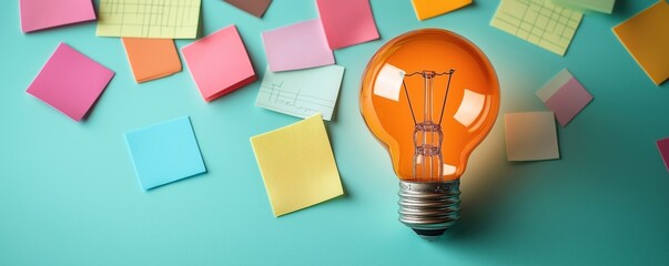 Professionals brainstorm content marketing tools. Focus on innovative, efficient organized workspace. Colorful sticky notes ideas surround glowing light bulb creative solutions. Image represents