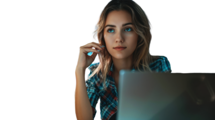 American young female Employee IT specialist sit at work with laptop on white background
