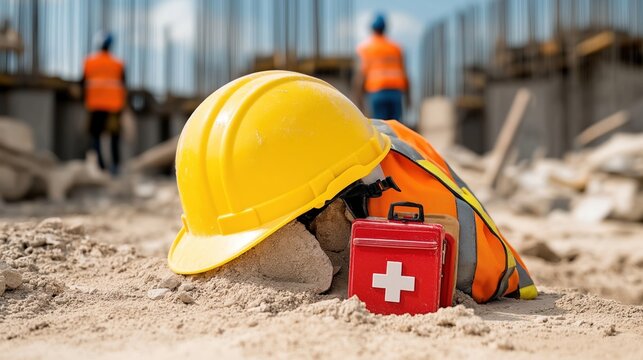 Construction site safety gear. Yellow hard hat, orange safety vest, red first aid kit on sandy ground. Workers in background. Symbol of safety, preparedness on construction site. Protection, safety