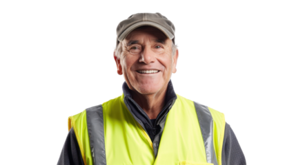 American caucasian senior male engineer with safety helmet on white background
