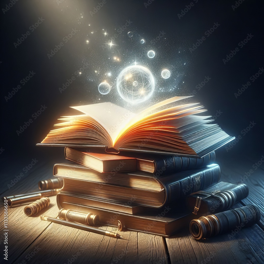 Poster an open book on a stack with glowing light and floating magical particles. the scene is set in a dar
