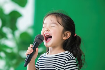 Asian girl joyfully sings into microphone against green backdrop. Child expresses passion for music. Studio shot captures moment of performance. Image suitable for music related publications,
