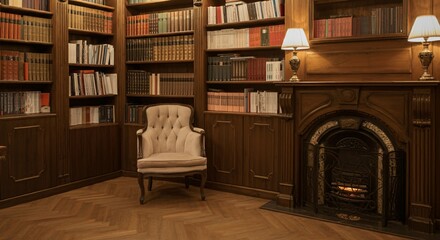 Fototapeta premium A cozy library interior with shelves full of books and a comfortable reading chair