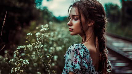 A young woman with a braid stands near wildflowers by the railway tracks.