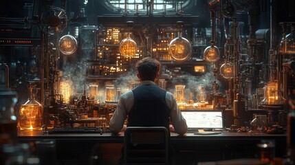 Man sits at steampunk laboratory desk, illuminated city.