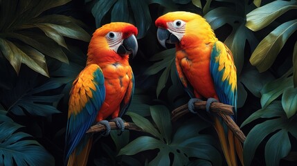 Fototapeta premium Two macaws perched on branch, lush foliage.