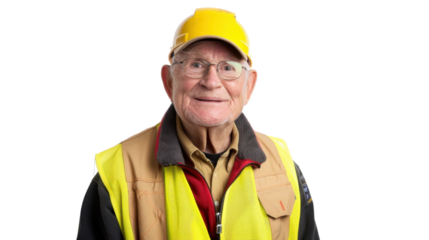American caucasian senior male engineer with safety helmet on white background
