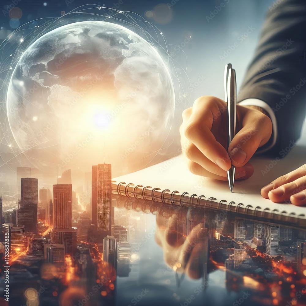 Poster a hand holding a pen writes in a notebook against a backdrop of a glowing city skyline and a futuris