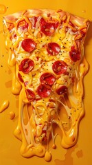 Close up view of a delicious pepperoni pizza with melted cheese and tomato sauce oozing and dripping over the surface set against a vibrant orange background