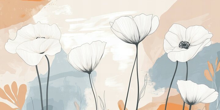 A minimalist line art wall mural featuring large, white flowers with long stems and delicate petals. The background is a soft, neutral color with abstract shapes in pink and gold. 