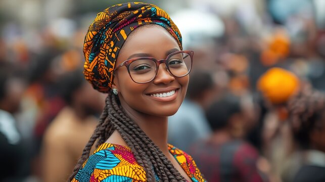 Woman smiles in diverse crowd. Cultural clothing showcase. Black awareness march. People celebrate African culture. Colorful fabrics and braids. Public gathering. Event. Celebration. Pride.