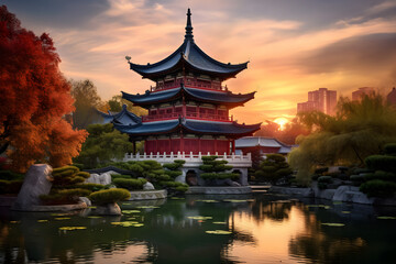 Magical Sunset Over the Ancient Asian Pagoda: A Fusion of Architecture and Nature's Splendor