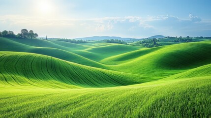 Obraz premium Morning mist envelops rolling hills as sun breaks through in tranquil landscape