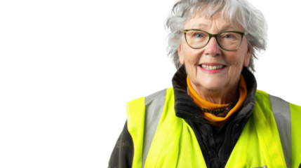American caucasian senior female engineer with safety helmet on white background
