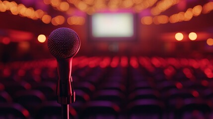 A microphone is positioned in front of a large screen, ready for a presentation