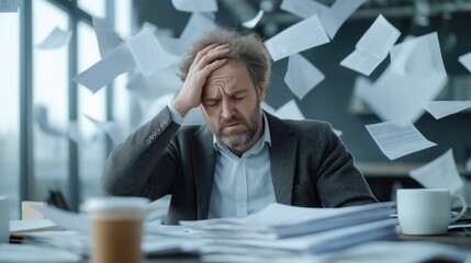 Man sits at desk overloaded with papers. He is tired and stressed. Papers fly around him. Office setting. Illustration of admin tasks pressure. Workplace scenario. Exhaustion portrayed.