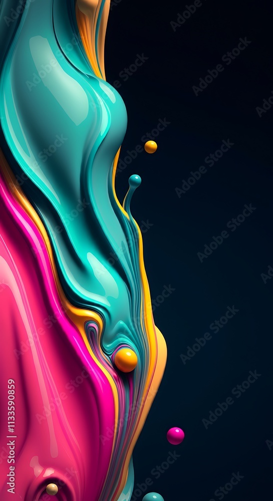 Poster abstract vibrant paint swirls flowing dynamically glossy fluid liquid colorful motion.
