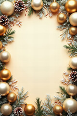 A festive green fir branch Christmas frame with pine cones and red balls, perfect for holiday card design and winter cel