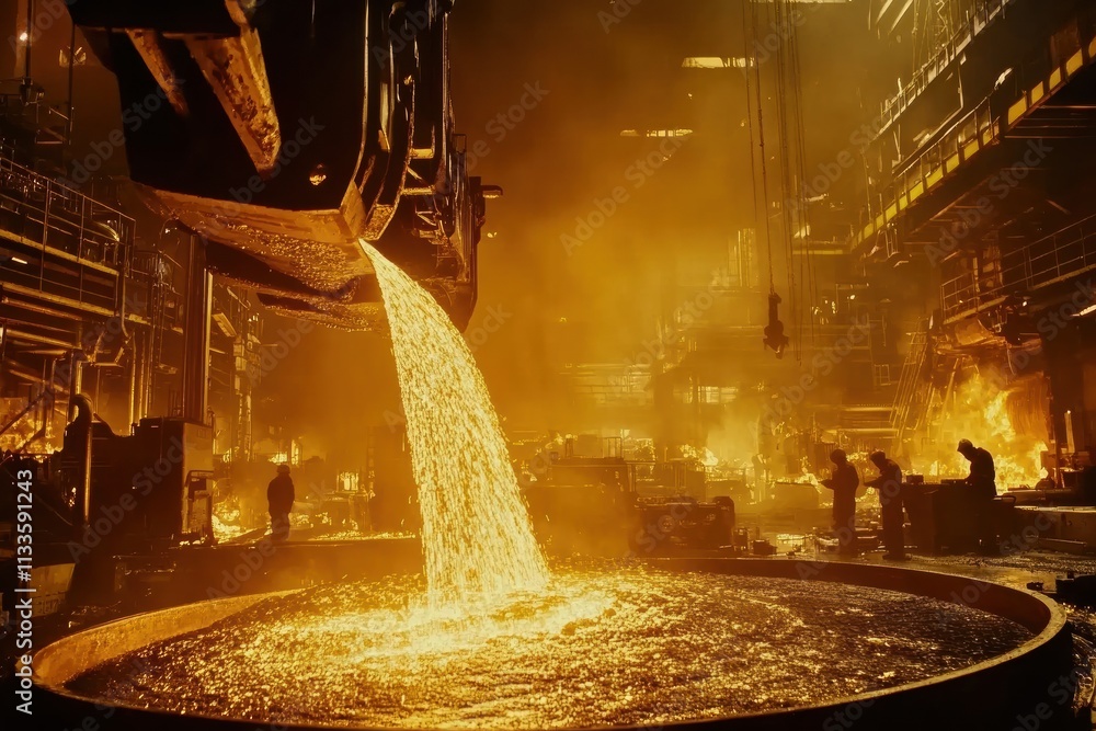 Poster molten metal flows into casting molds, illuminating the industrial hall with intense light and spark