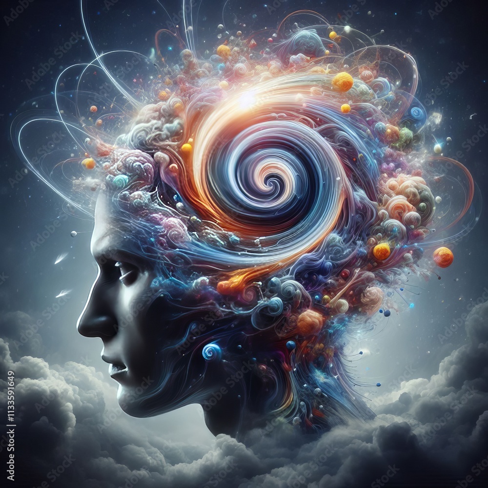 Poster a surreal profile of a human head with swirling neural patterns and cosmic elements, symbolizing the