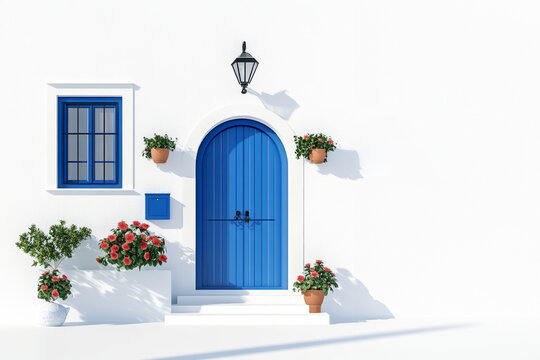 A charming blue door with decorative pots of flowers against a pristine white wall, exuding a quaint and inviting atmosphere.