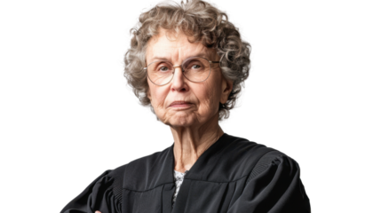 American senior female judge on white background
