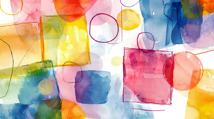 Abstract watercolor shapes, overlapping squares, circles, and lines with soft edges and vibrant colors, scattered random ink strokes 