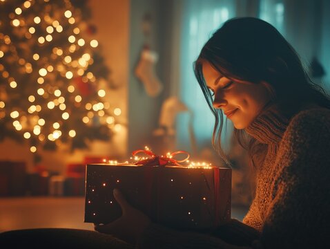 Woman Celebrating Christmas with Wrapped Gifts