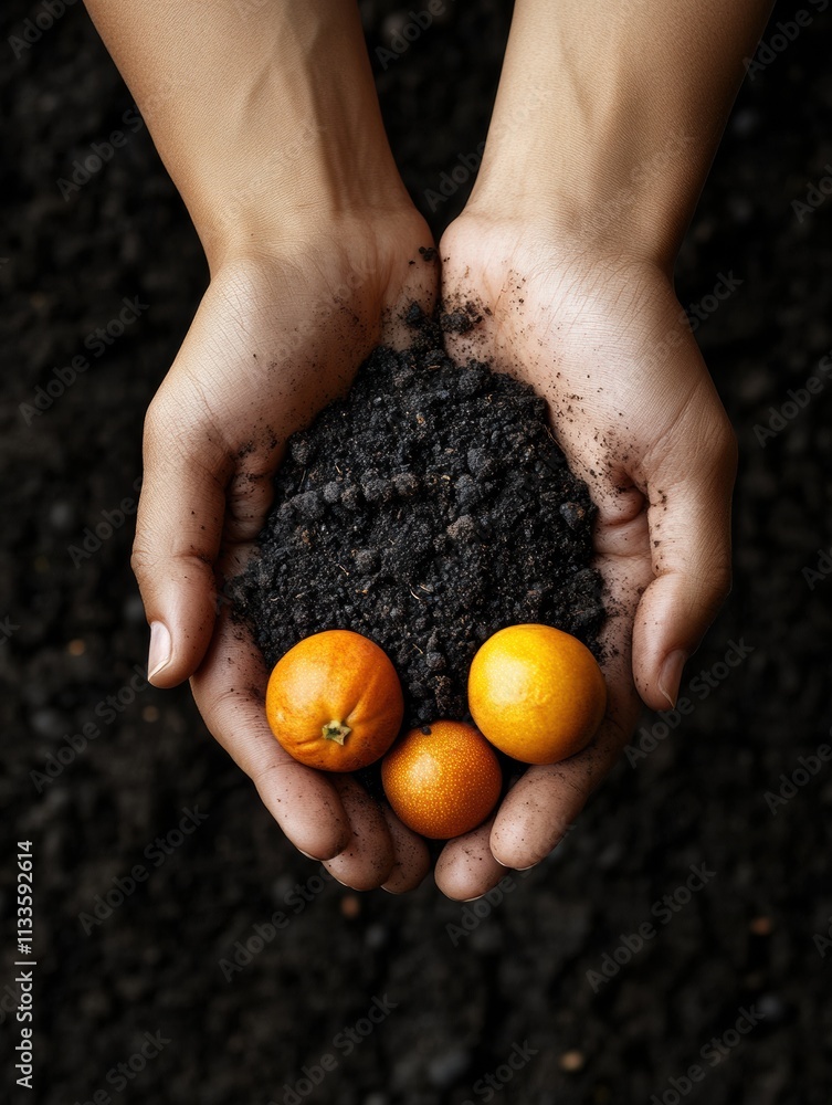 Poster two hands cradle a handful of dark soil alongside vibrant citrus fruits, showcasing the connection t