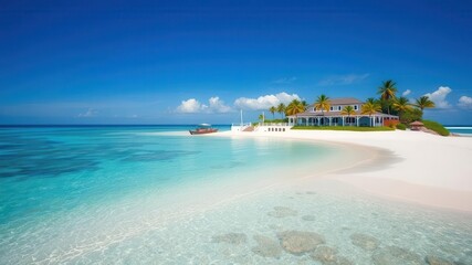 Naklejka premium A stunning oceanfront property on a picturesque island with a sandy beach and crystal clear sea, coastal, serene