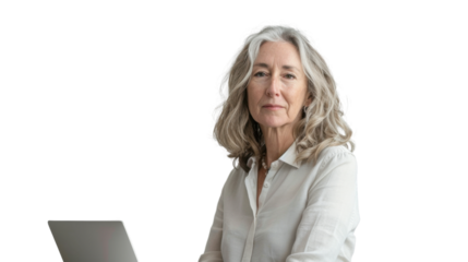 American senior female Employee IT specialist sit at work with laptop on white background
