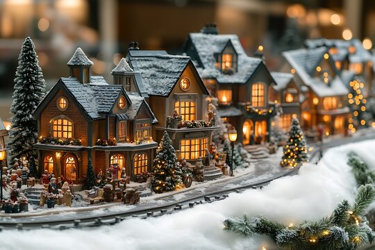 A miniature Christmas village with snow-covered houses and festive lights.