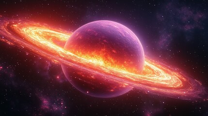 Obraz premium Fiery Planet With Glowing Ring System In Space
