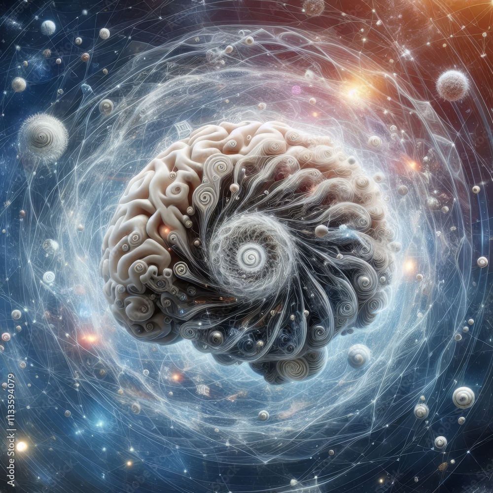 Poster a highly detailed brain is shown with swirling cosmic patterns, symbolizing the intersection of inte
