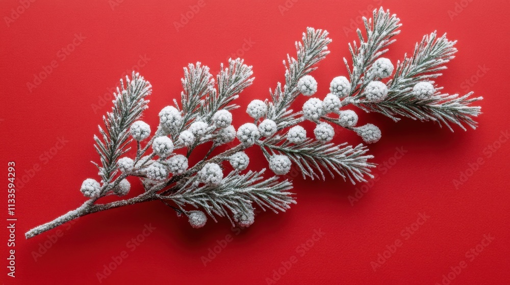 Poster frosted pine branches with mistletoe berries isolated on a red background with empty space