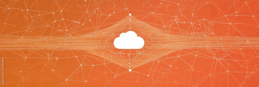 Poster the central cloud icon represents cloud services in a dynamic network, showcasing tech and digital s