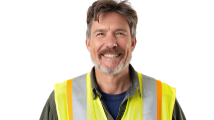 American caucasian middle age male engineer with safety helmet on white background
