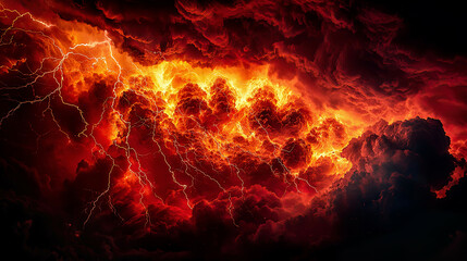 Fiery cosmic eruption, red and orange clouds colliding with dark stormy sky, jagged lightning bolts, high contrast, intricate details 