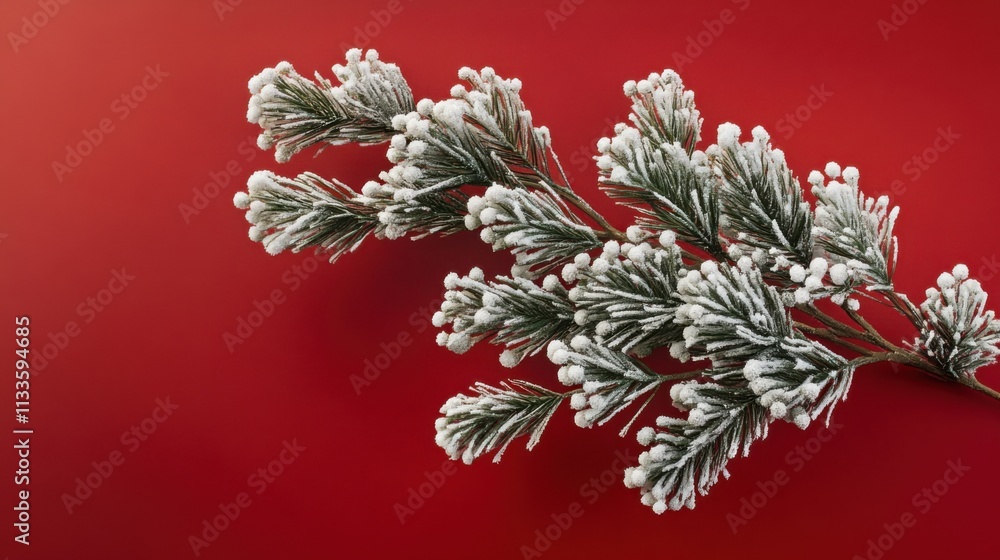 Poster frosted pine branches with mistletoe berries isolated on a red background with empty space