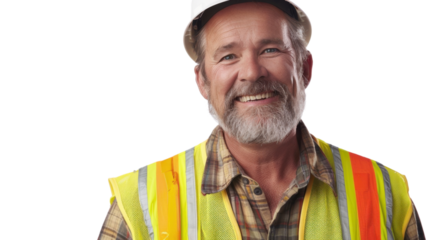 American caucasian middle age male engineer with safety helmet on white background

