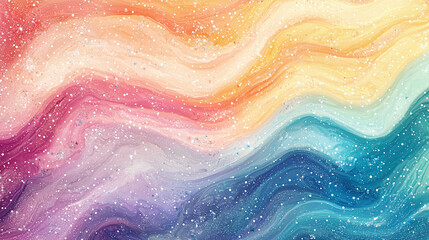 Obraz premium Flowing pastel rainbow waves, gentle gradients with sprinkled white stars and cosmic speckles, abstract dreamscape 