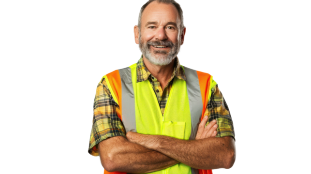 American caucasian middle age male engineer with safety helmet on white background
